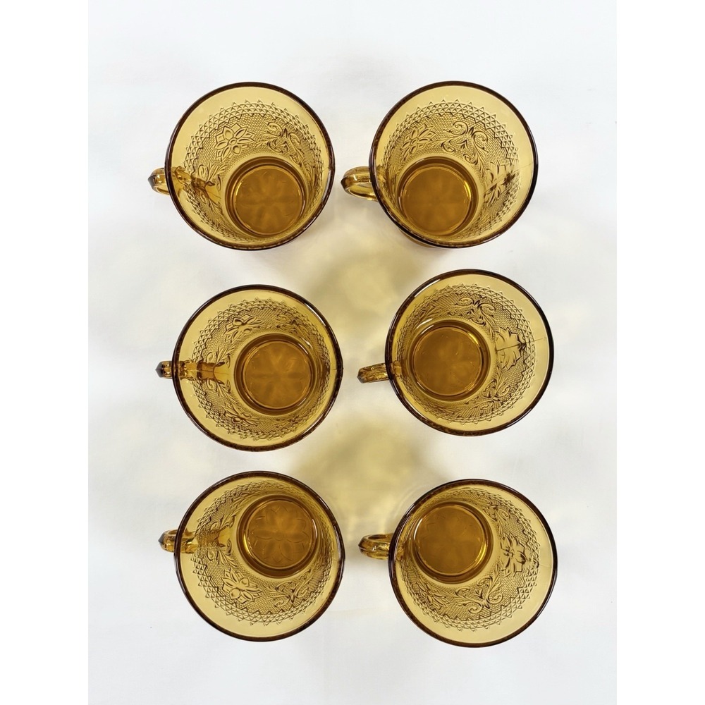 Set of 6 Tiara Indiana Glass Amber Sandwich Daisy Pattern Punch Tea Cups Vintage - Picture 4 of 16